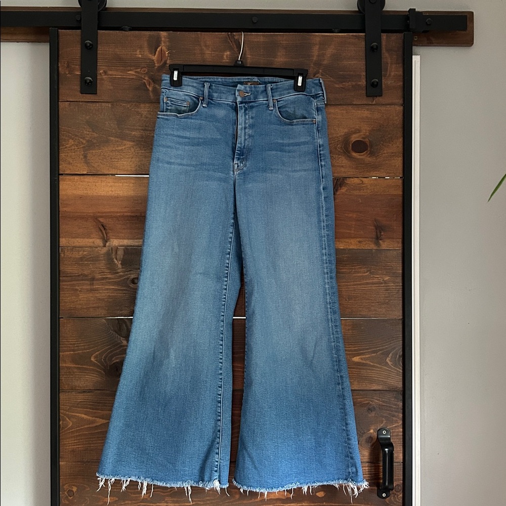 MOTHER The Roller Fray- Work Hard Play Hard Wide Leg Flare Jeans in Medium blue